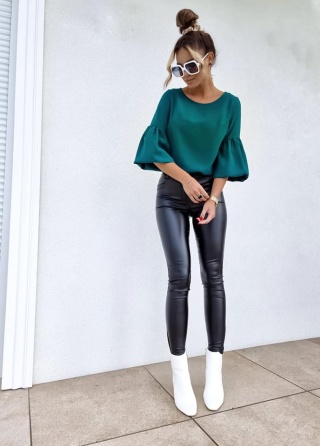 Bluzka z bufiastym rękawem PUFF zielony butelkowy - BY ME