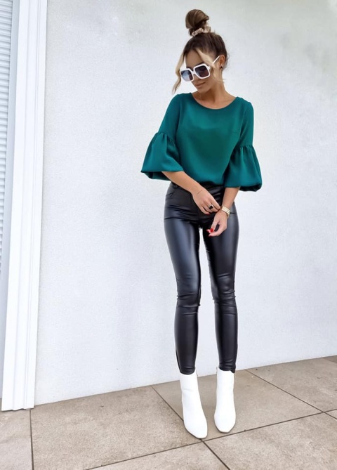 Bluzka z bufiastym rękawem PUFF zielony butelkowy - BY ME