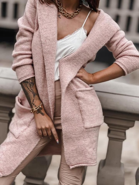 Kardigan guma długi z kieszeniami puder - STAYHERE