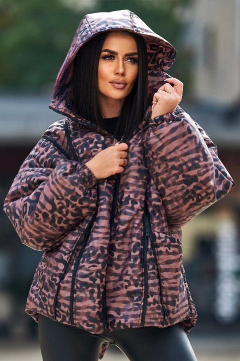 Kurtka z ozdobnymi zamkami w cętki czekoladowa - ME GUSTA