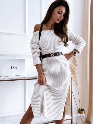 Sukienka dzianinowa z szerokim dekoltem JANET jasny beż - BOCCA