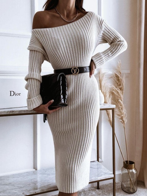 Sukienka dzianinowa z szerokim dekoltem JANET jasny beż - BOCCA