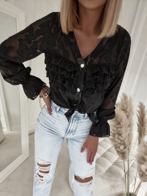 Szyfonowa bluzka z falbankami LONGORIA czarna ze srebrną nitką - BY ME
