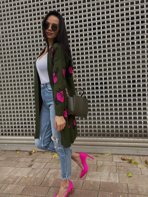 Żakardowy kardigan z domieszką wełny w róże khaki - LA MILLA