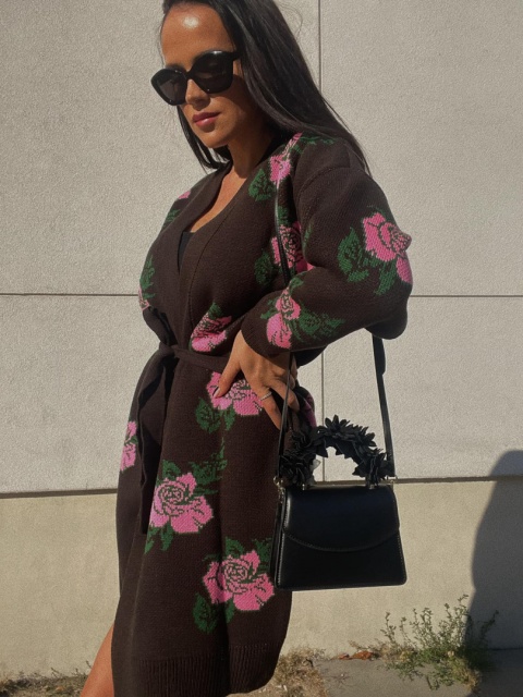 Żakardowy kardigan z domieszką wełny w róże czekoladowy - LA MILLA