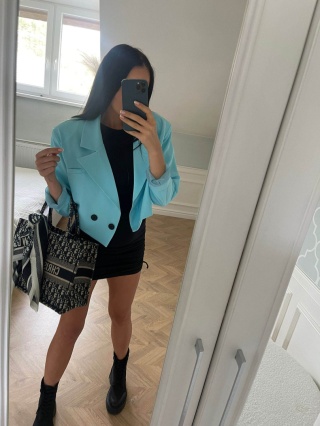 Krótka marynarka żakiet MY STYLE turkusowa z guzikami LA MILLA