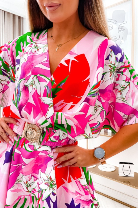 Kombinezon damski z kimonowym rękawem i paskiem OLIVIA tropik