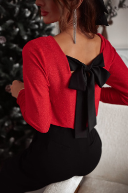 Shiny knit sweater with a decorative bow on the back red XANA