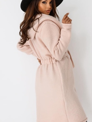 Kardigan o płaszczowym kroju z kapturem pudrowy - ME GUSTA