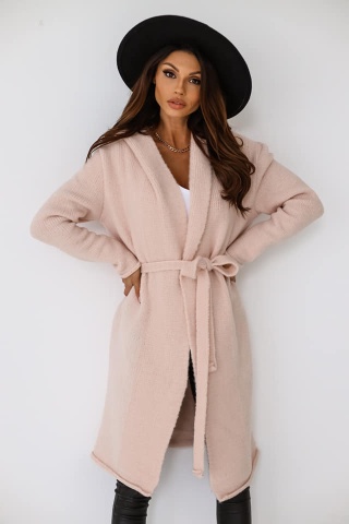 Kardigan o płaszczowym kroju z kapturem pudrowy - ME GUSTA