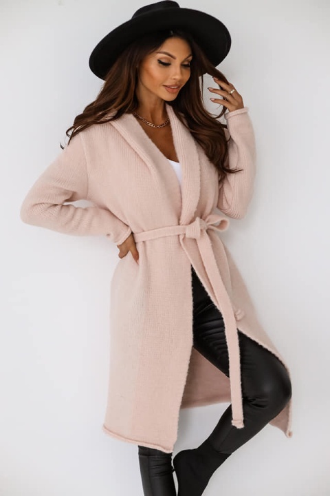 Kardigan o płaszczowym kroju z kapturem pudrowy - ME GUSTA