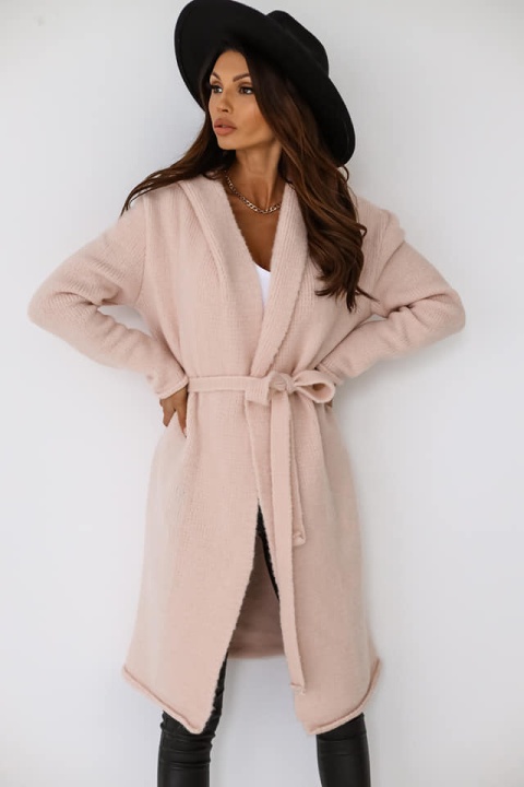 Kardigan o płaszczowym kroju z kapturem pudrowy - ME GUSTA