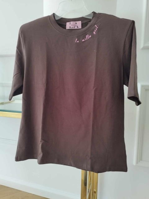 T-shirt pudełkowy z poduszkami w ramionach LA MILLA GIRL czekoladowy brąz