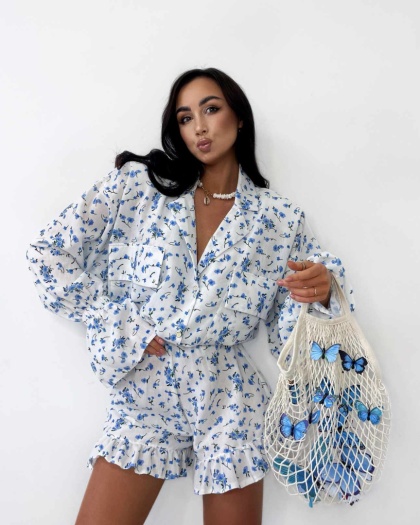 Komplet lniany w niebieski kwiatuszki La Milla