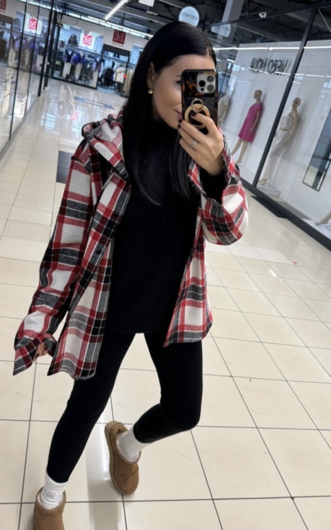 Flanelowa koszula w kratkę z kapturem ecru-czerwona La Milla