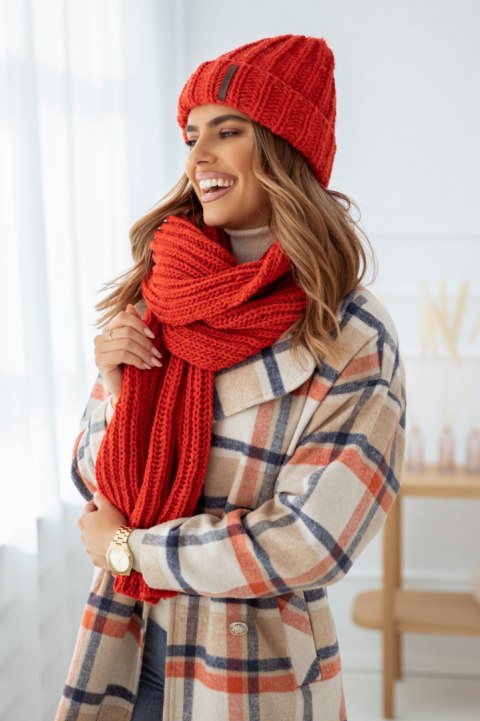 Komplet szal i czapka BEANIE HANDMADE ceglasty czerwony - SEMPRE