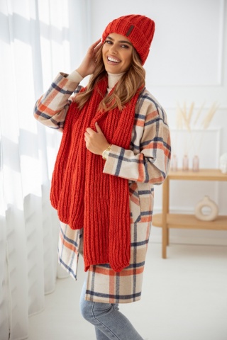 Komplet szal i czapka BEANIE HANDMADE ceglasty czerwony - SEMPRE