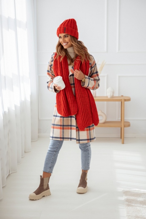 Komplet szal i czapka BEANIE HANDMADE ceglasty czerwony - SEMPRE