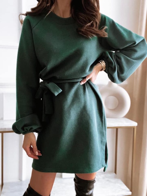 Sukienka przewiązywana paskiem ELLA butelkowa zielona - BOCCA