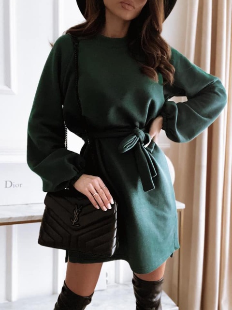 Sukienka przewiązywana paskiem ELLA butelkowa zielona - BOCCA