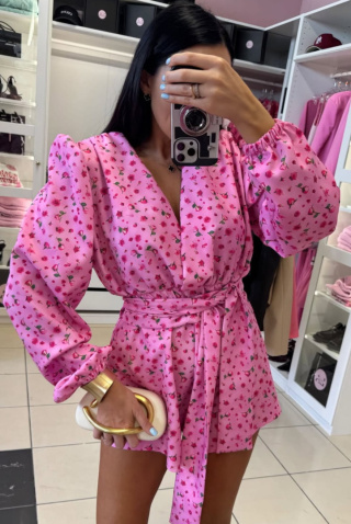 Kombinezon z wiskozy różowy w kwiatuszki - LA MILLA