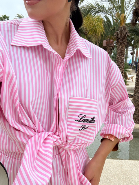 Komplet koszula i spodenki w różowe paski La Milla