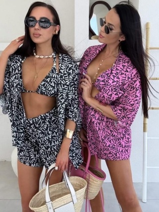 Komplet lniany: kimono i szorty logowany fuksja La Milla