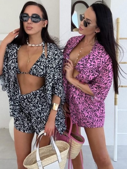 Komplet lniany: kimono i szorty logowany fuksja La Milla