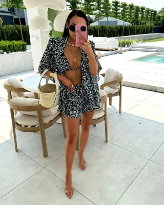 Komplet lniany: kimono i szorty logowany czarny La Milla