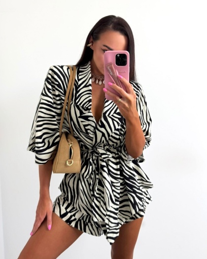 Komplet lniany: kimono i szorty zebra czarno-kremowy La Milla