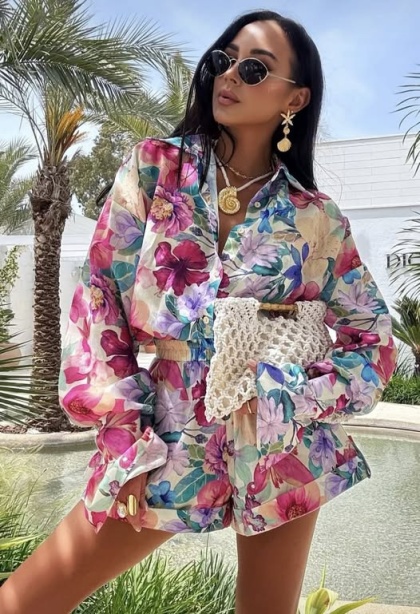 Komplet lniany koszula i spodenki kwiaty La Milla