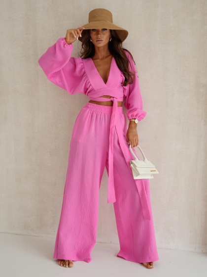 Komplet muślinowy top i szerokie spodnie MYKONOS różowy Me Gusta