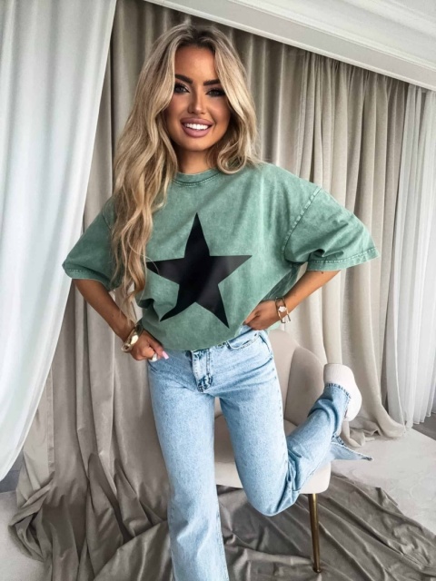 Dekatyzowany t-shirt STAR – rozbielony khaki By Me