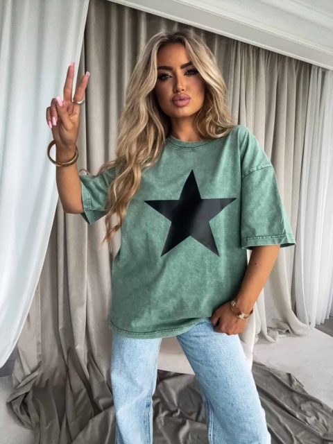 Dekatyzowany t-shirt STAR – rozbielony khaki By Me
