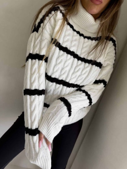 Sweter golf INKO pasy ecru czarny By Me