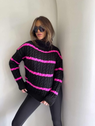 Sweter golf INKO pasy czarno-różowy By Me