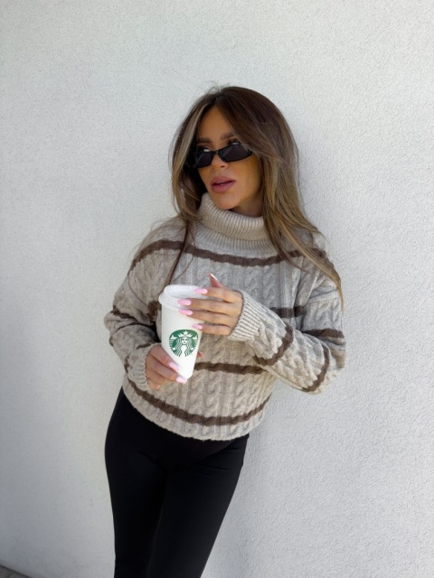 Sweter golf INKO pasy beżowo czekoladowe By Me