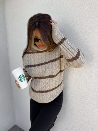 Sweter golf INKO pasy beżowo czekoladowe By Me