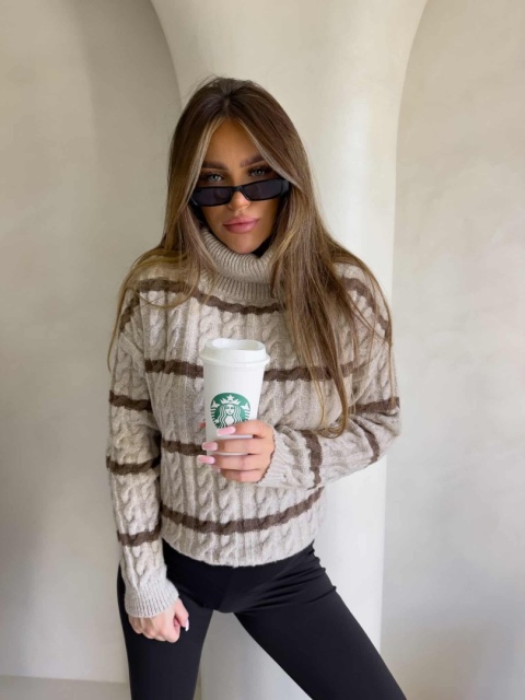 Sweter golf INKO pasy beżowo czekoladowe By Me