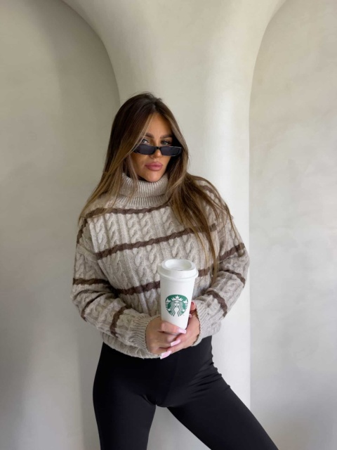 Sweter golf INKO pasy beżowo czekoladowe By Me