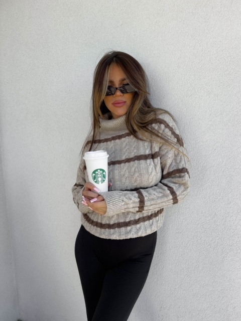 Sweter golf INKO pasy beżowo czekoladowe By Me