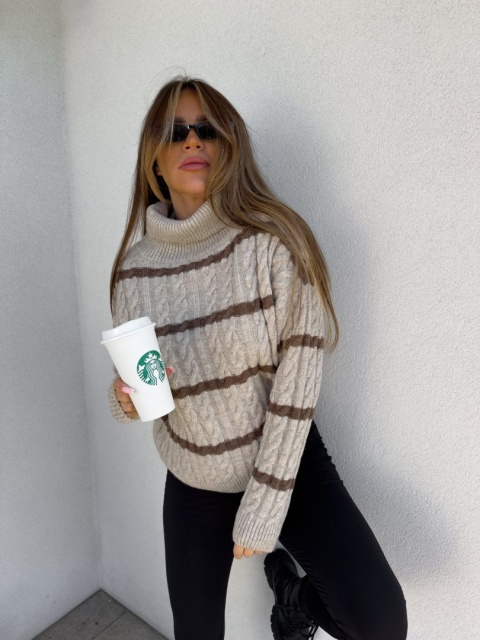 Sweter golf INKO pasy beżowo czekoladowe By Me