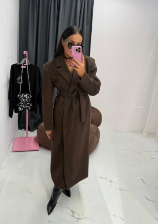 Długi płaszcz wełniany wiązany czekoladowy brąz La Milla