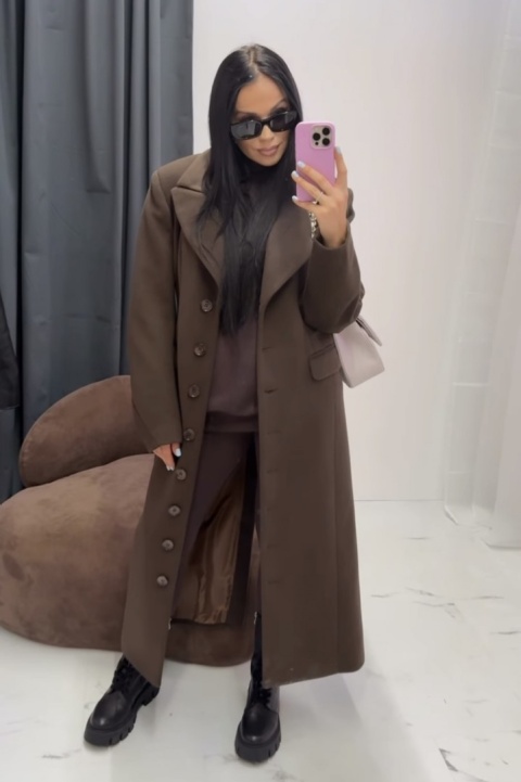 Długi płaszcz wełniany na guziki czekoladowy brąz La Milla