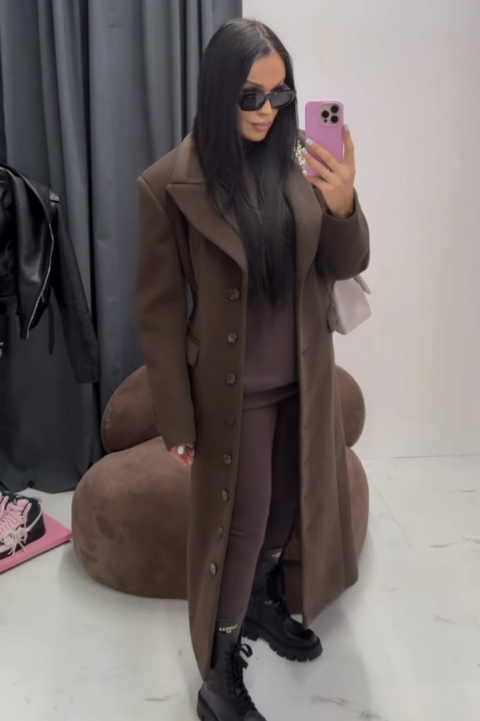 Długi płaszcz wełniany na guziki czekoladowy brąz La Milla