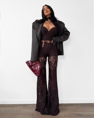 Koronkowe spodnie dzwony brązowe czekoladowe La Milla