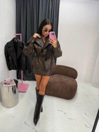 Kurtka eko skóra ramoneska ze ściągaczem czekolada brąz La Milla