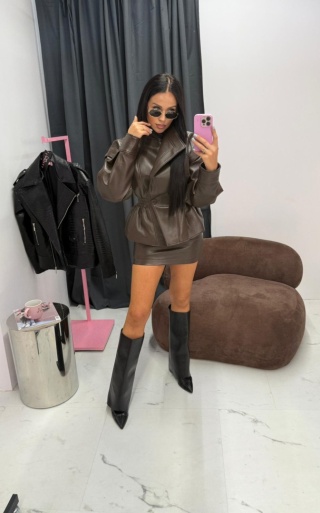 Kurtka eko skóra ramoneska ze ściągaczem czekolada brąz La Milla