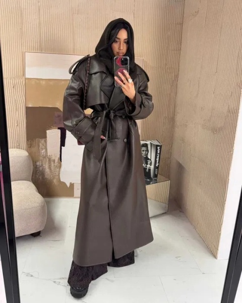 Płaszcz z klapami eko skóra czekoladowy La Milla