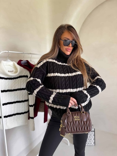 Sweter golf INKO pasy czarno beżowe By Me